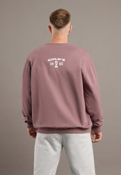 Person wearing a maroon sweatshirt with 'Gold's' logo on the back against a brown background