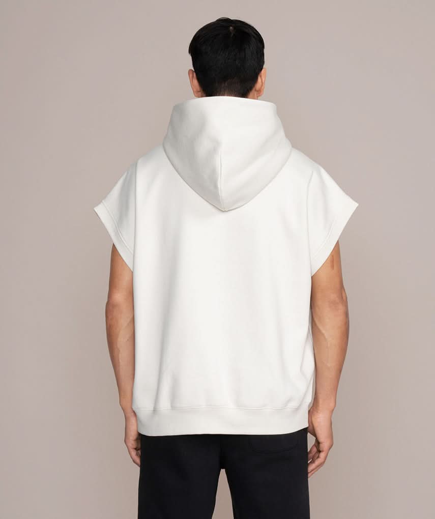 back view of white sleeveless hoodie