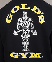 closeup of golds gym logo on black hoodie