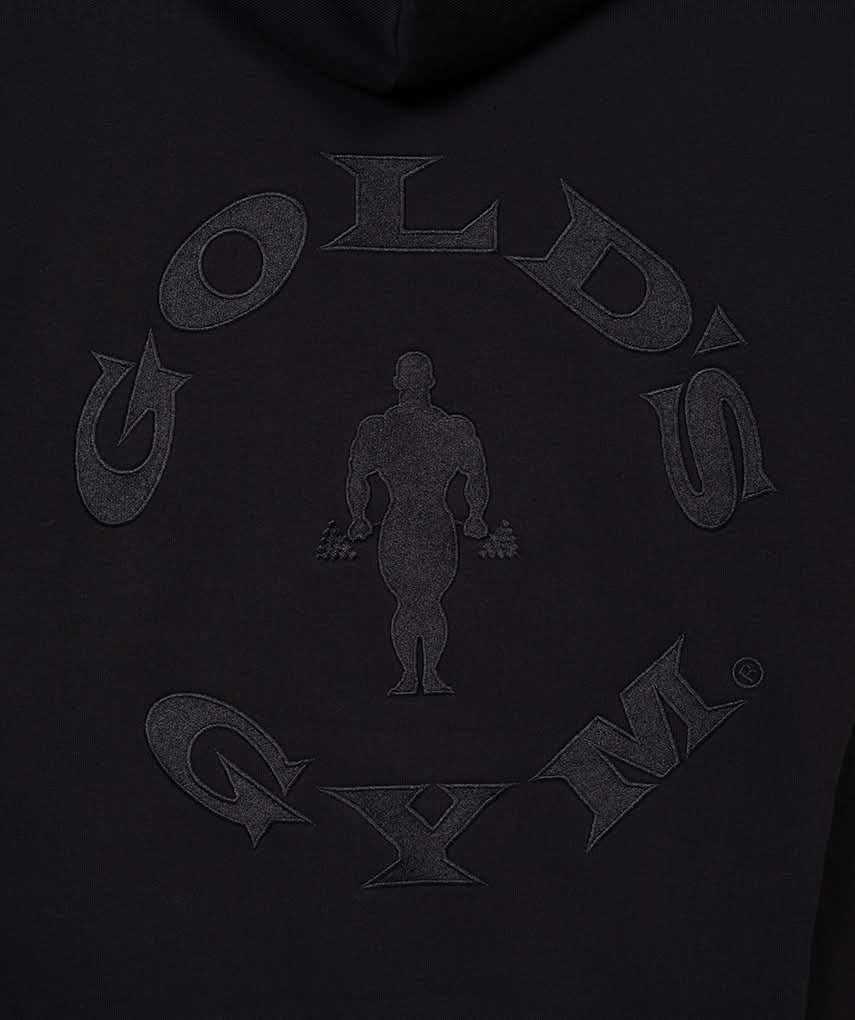 closeup of golds gym logo on hoodie