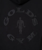 closeup of golds gym logo on hoodie