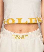 crop top shirt for women in off white golds gym logo