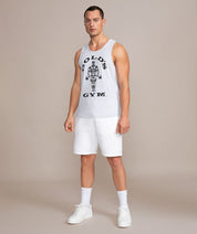 golds gym gray tank with logo full outfit