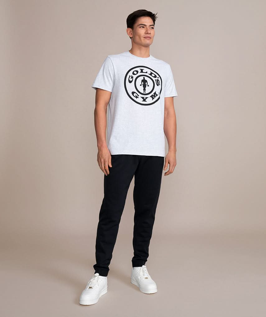 golds gym weight plate logo shirt in gray and black