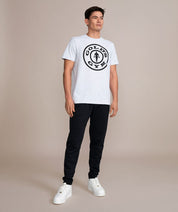 golds gym weight plate logo shirt in gray and black