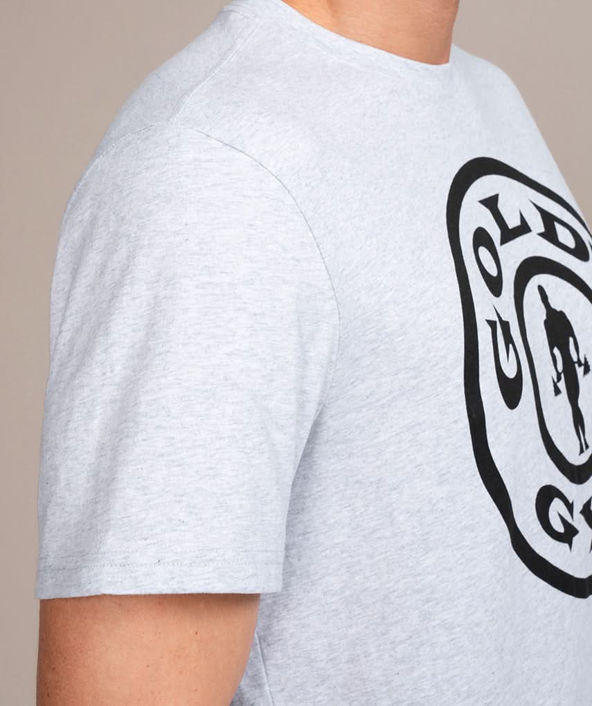 golds gym weight plate logo shirt in gray arm view