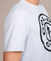 golds gym weight plate logo shirt in gray arm view