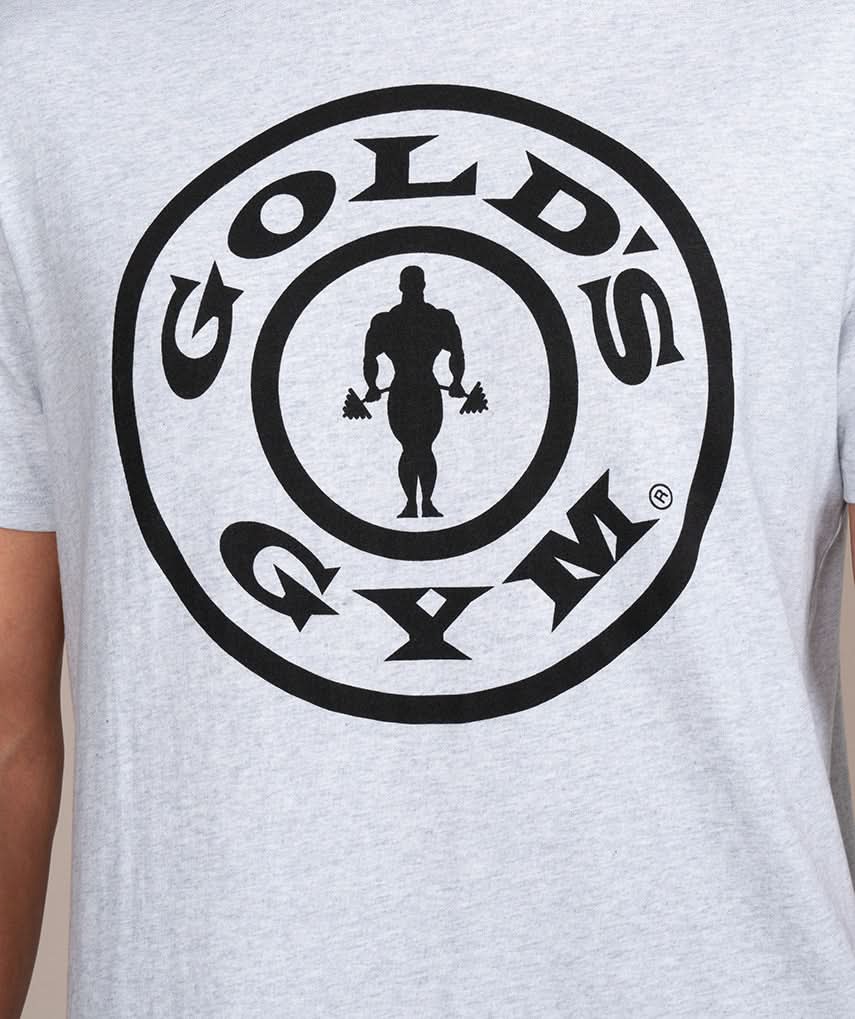 golds gym weight plate logo shirt in gray close up