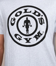 golds gym weight plate logo shirt in gray close up
