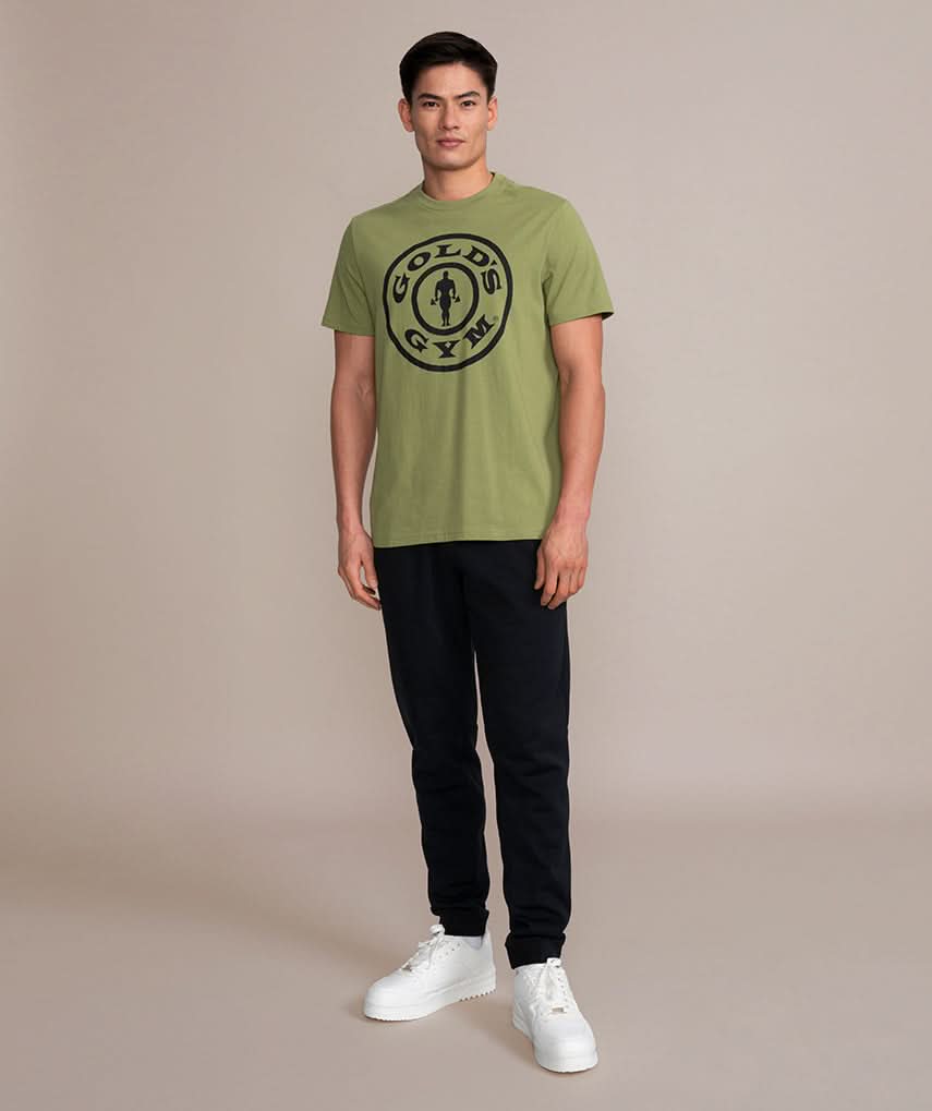 golds gym weight plate logo shirt in olive green