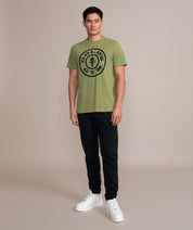 golds gym weight plate logo shirt in olive green