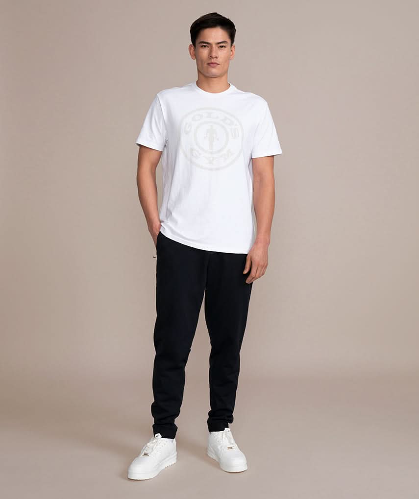 golds gym weight plate logo shirt in white and silver