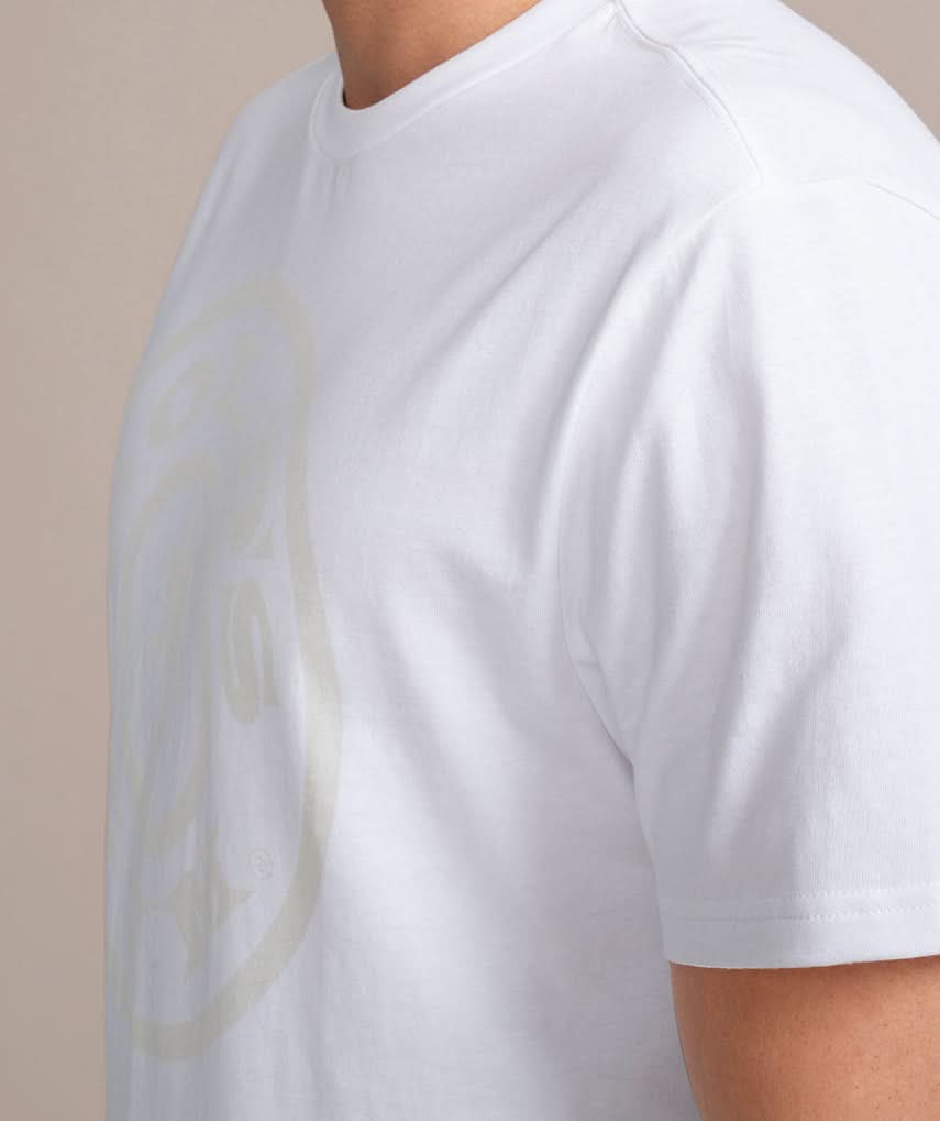 golds gym weight plate logo shirt in white and silver side view