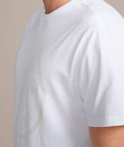 golds gym weight plate logo shirt in white and silver side view