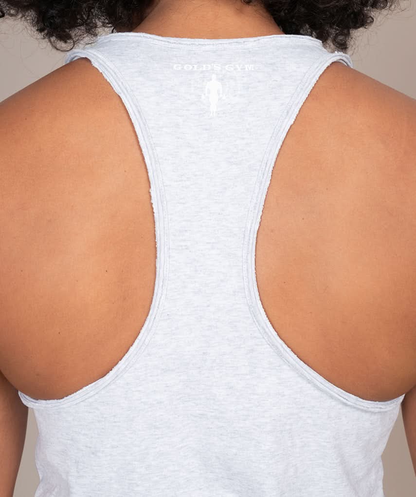 gray womens sport tank top back showing closeup