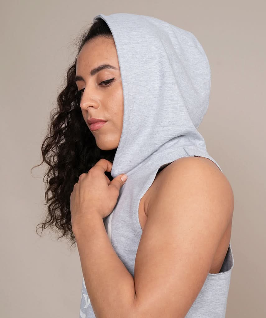 latina wearing gray hooded tank top for women