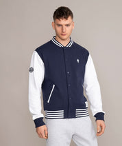 mens varsity baseball jacket in blue and gray