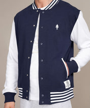 mens varsity baseball jacket in blue and gray golds gym