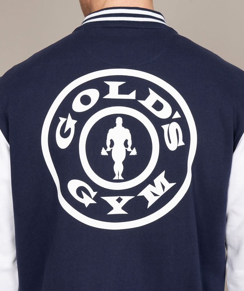 mens varsity baseball jacket in blue by golds gym