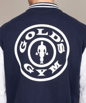 mens varsity baseball jacket in blue by golds gym
