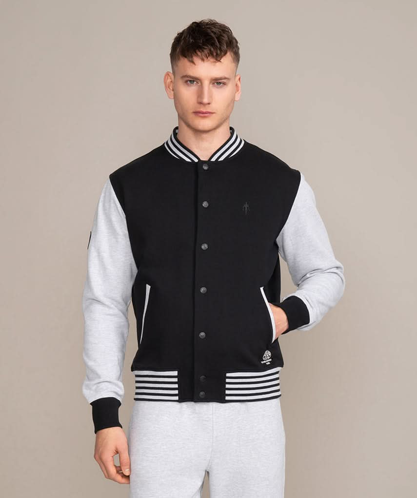 mens varsity jacket in black and gray