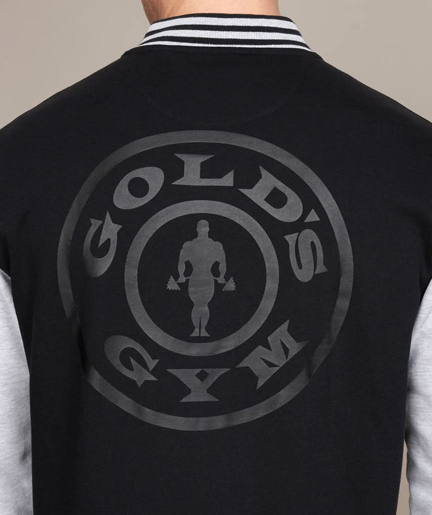 mens varsity jacket in black and gray golds gym