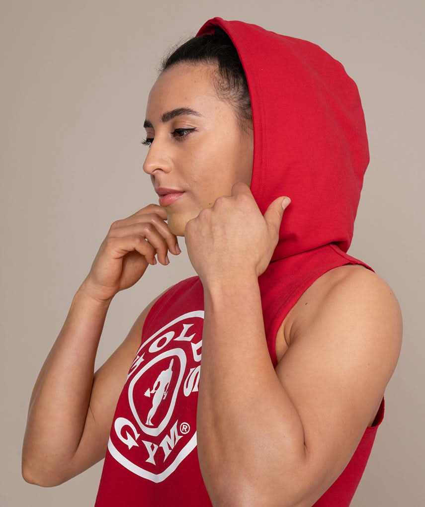 model wearing red hooded tank top for women