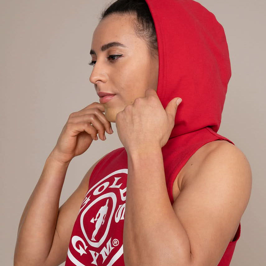 model wearing red hooded tank top for women