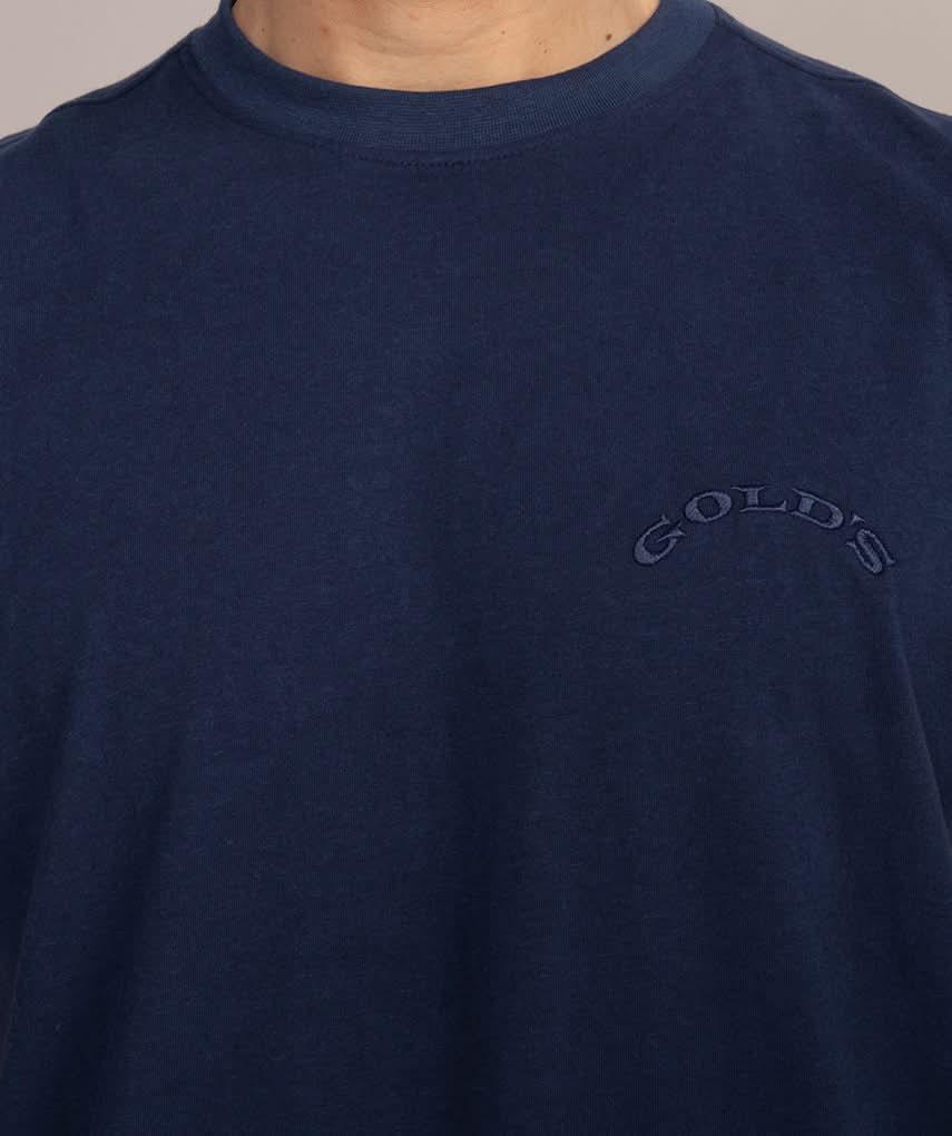 navy golds gym tank closeup