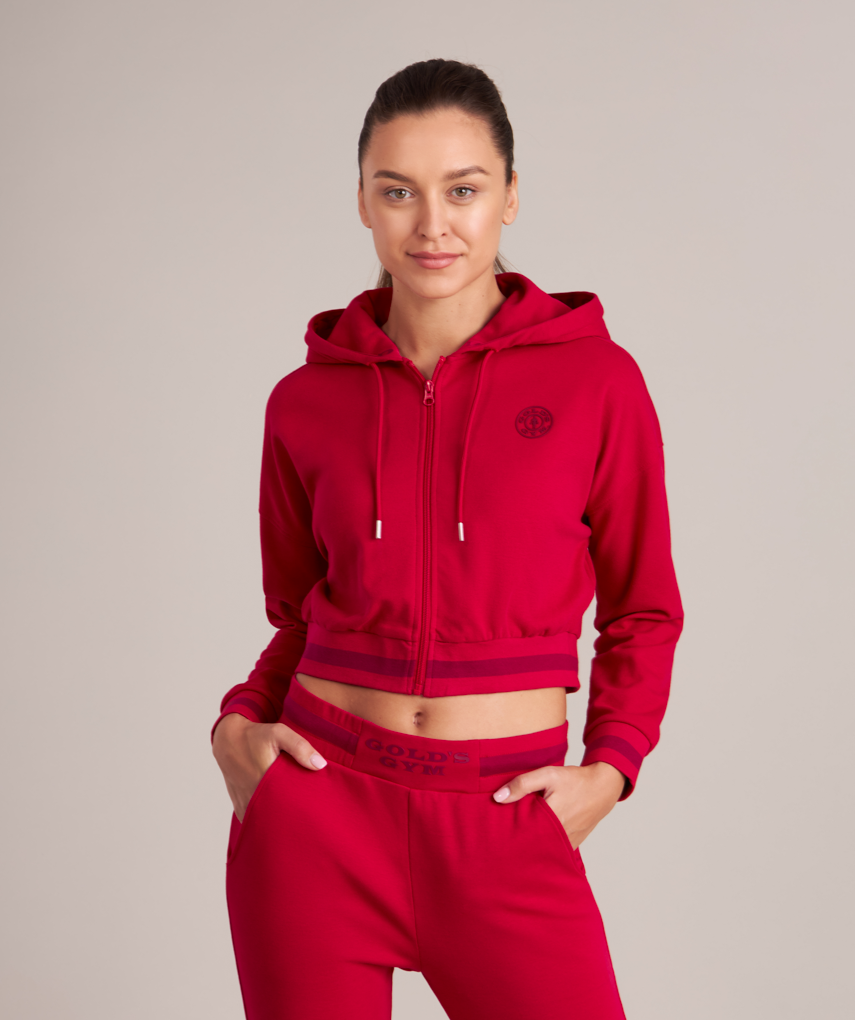 red cropped hoodie for women at gym