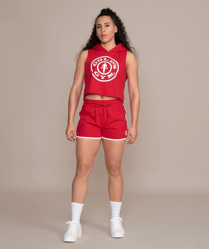 red hooded tank top for women golds gym