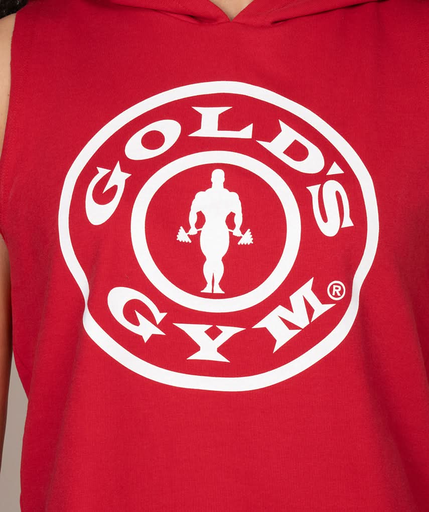 red hooded tank top for women golds gym logo