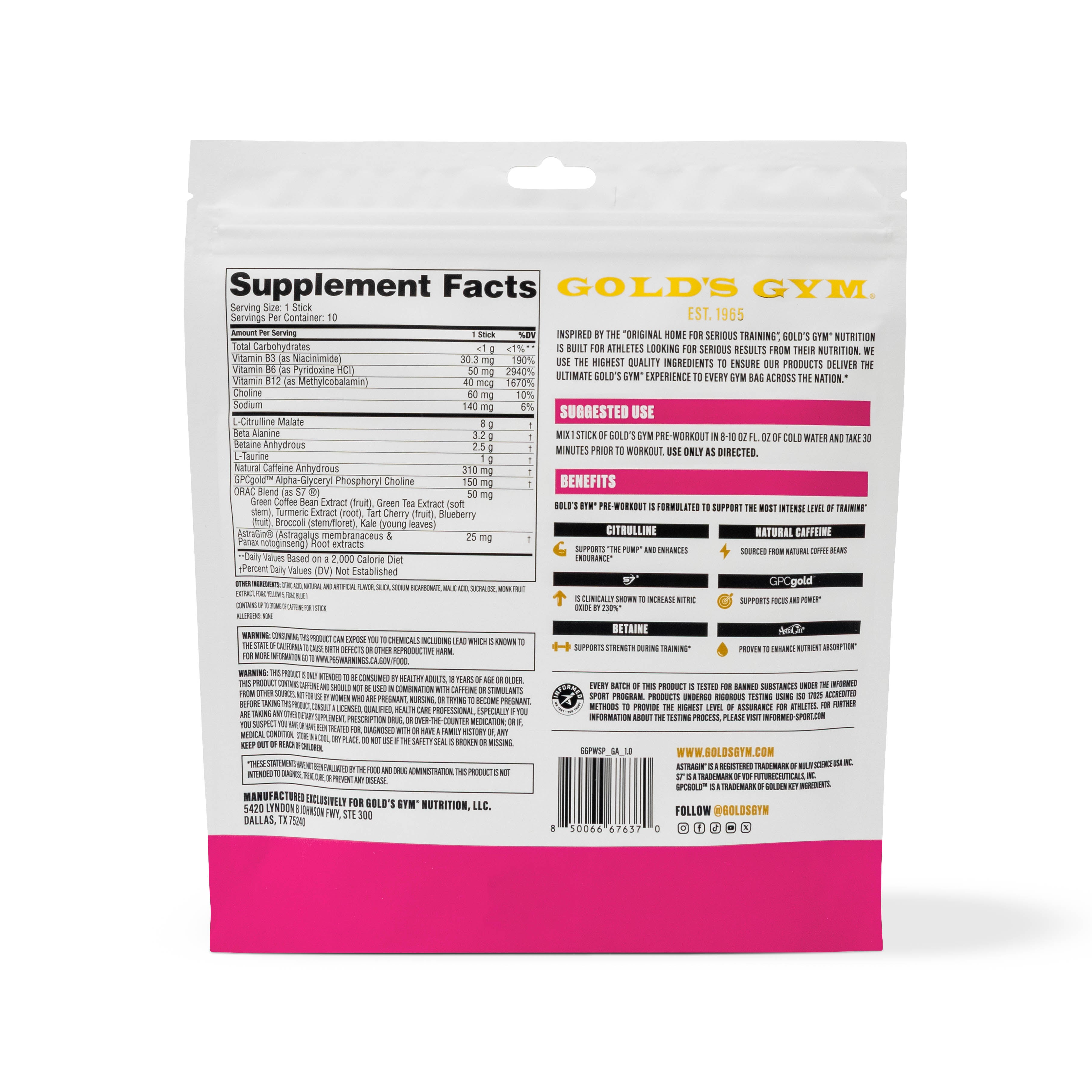 Gold's Gym Nutrition Pre-Workout Stick Packs- 10 pack