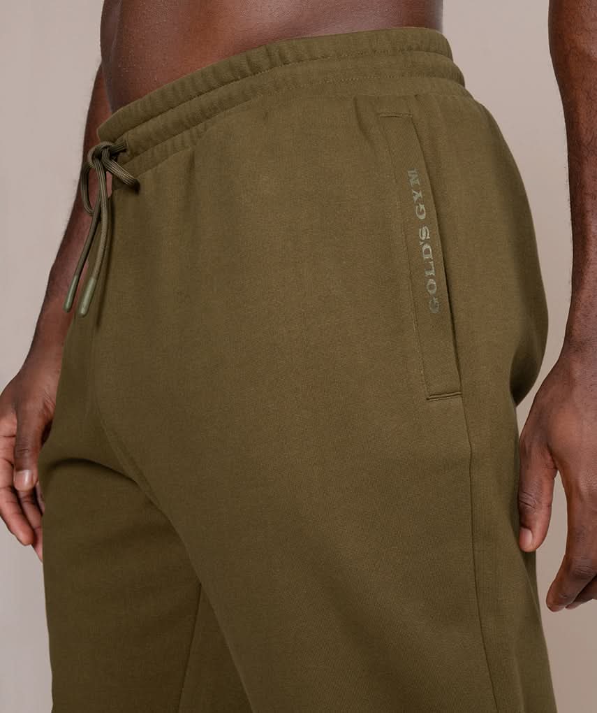 Golds Gym Mens Athletic Workout Pants in Olive Army Green Logo Closeup