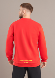 Person wearing a red sweatshirt with yellow text on the back against a beige background