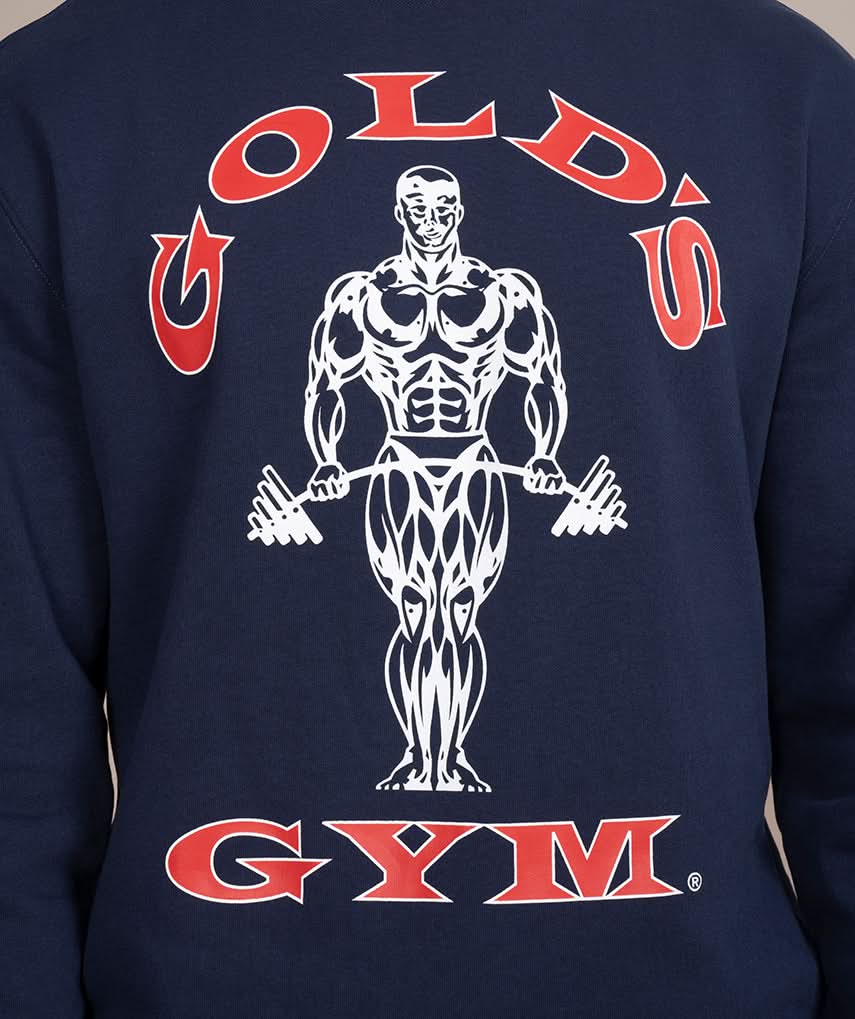 back side of blue navy and red logo golds gym sweater  side view  logo closeup 