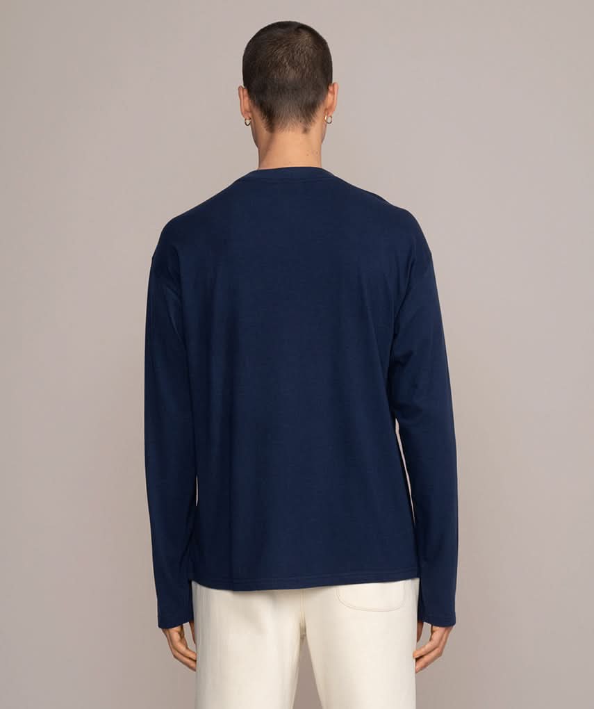 back view of blue long sleeve shirt for men