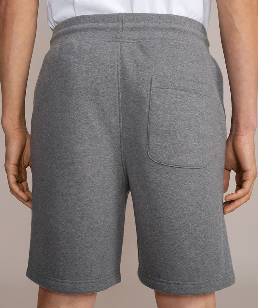 back view of gray fleece shorts 