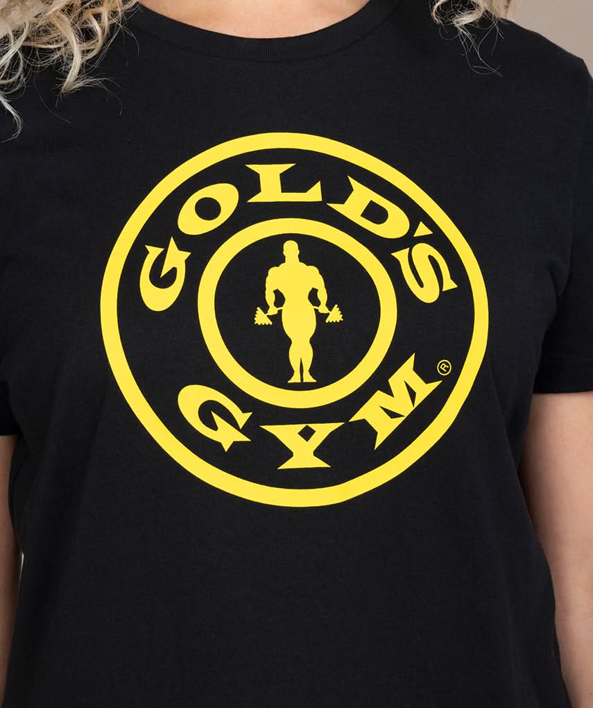 black and gold golds gym shirt closeup