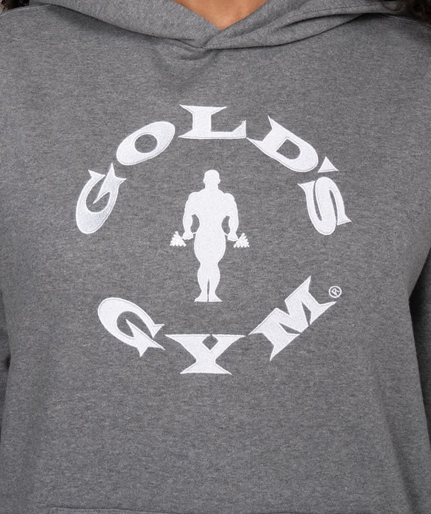 closeup golds gym logo on hoodie