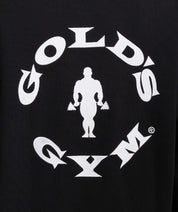 closeup of golds gym logo on black 
