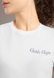 White t-shirt with 'Gold's Gym' logo worn by a person
