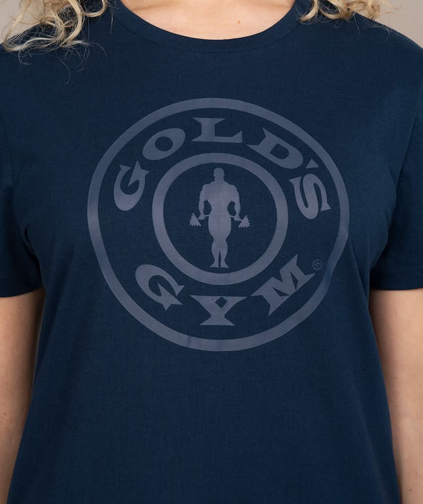 dark blue golds gym crop top for women close up