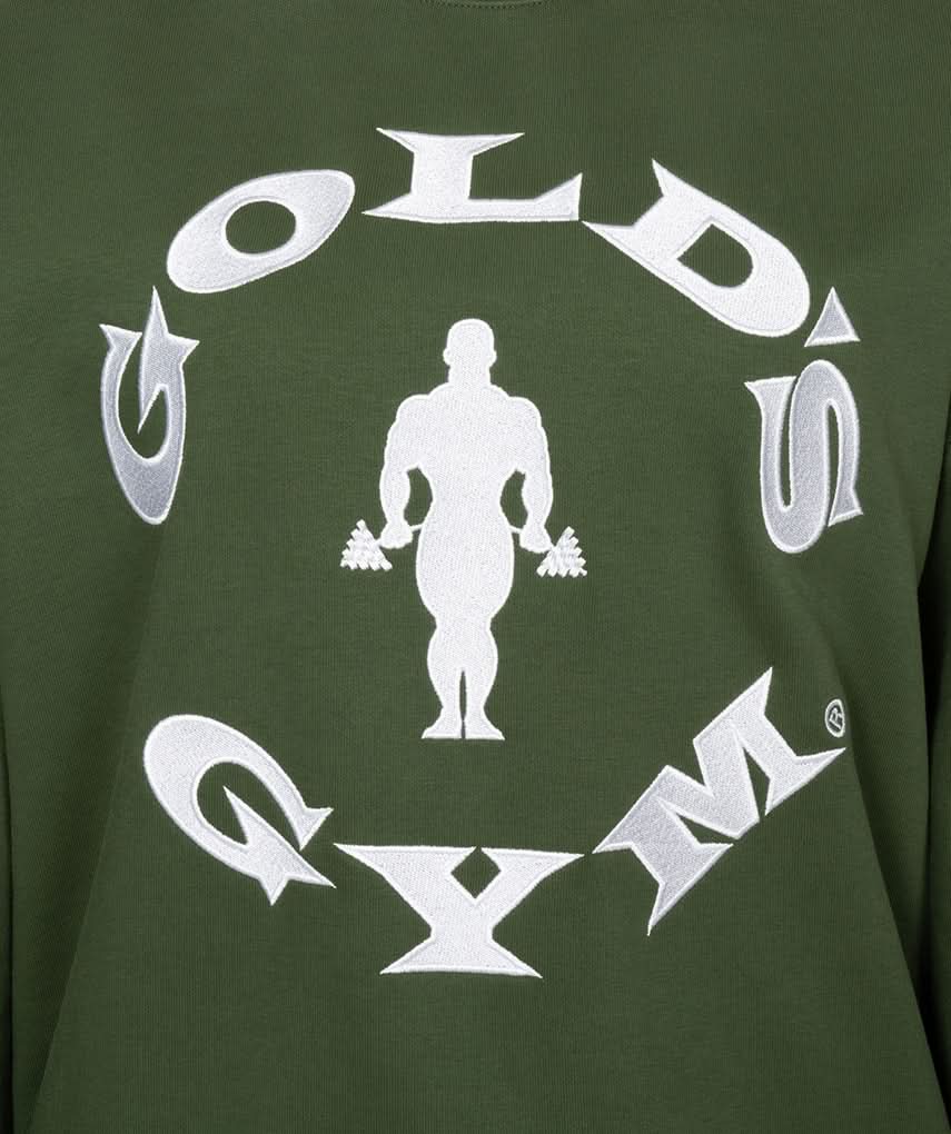 golds gym established 1965 green sweater closeup of logo
