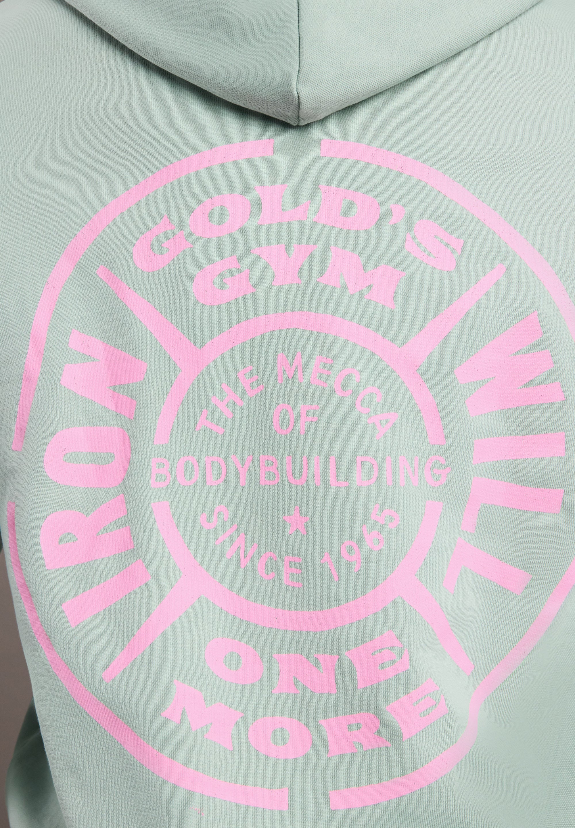 Light green hoodie with pink 'Gold's Gym' logo on a light gray background