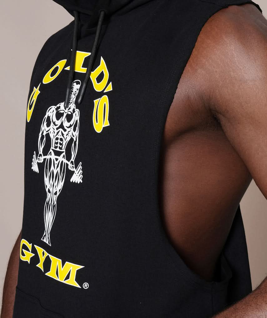 golds gym sleeveless hoodie in black bicep view