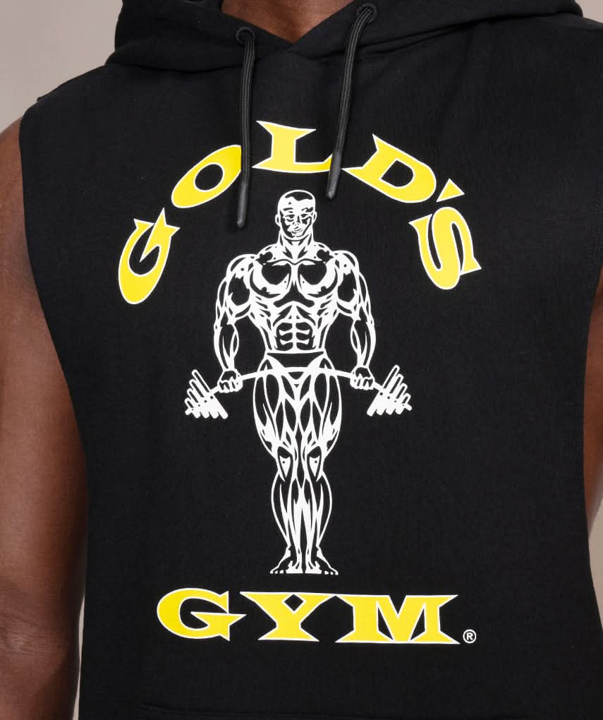 golds gym sleeveless hoodie in black logo closeup