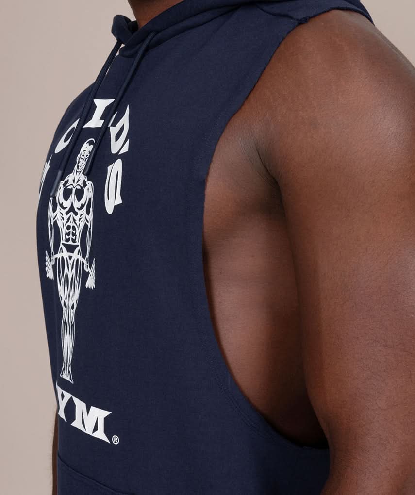 golds gym sleeveless hoodie in navy blue exposed bicep