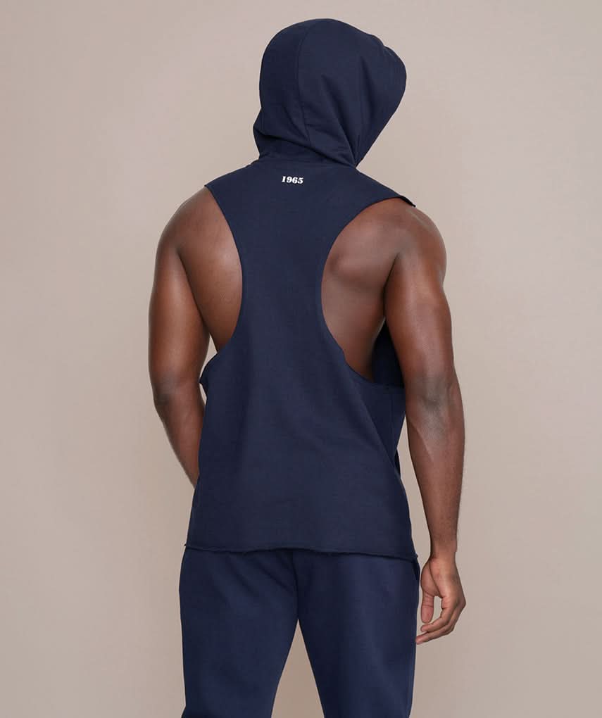 golds gym sleeveless hoodie in navy blue exposed shoulder blades
