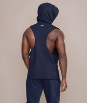 golds gym sleeveless hoodie in navy blue exposed shoulder blades